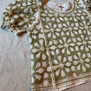 SOLITAIRE Crochet Green/White Floral Knit Puff Sleeve Size XL Blouse NWT